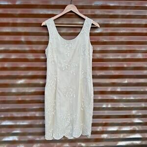 Papell Boutique Women's Medium Dress Cream Silk Embroidered Floral Bridal